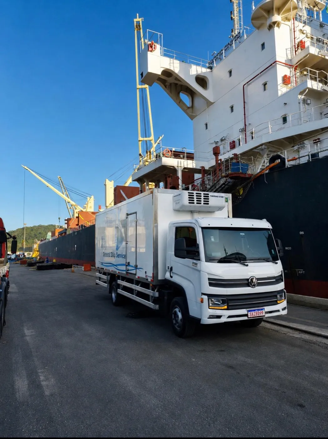 Caminhão Sul Marine ao lado de navio graneleiro no cais